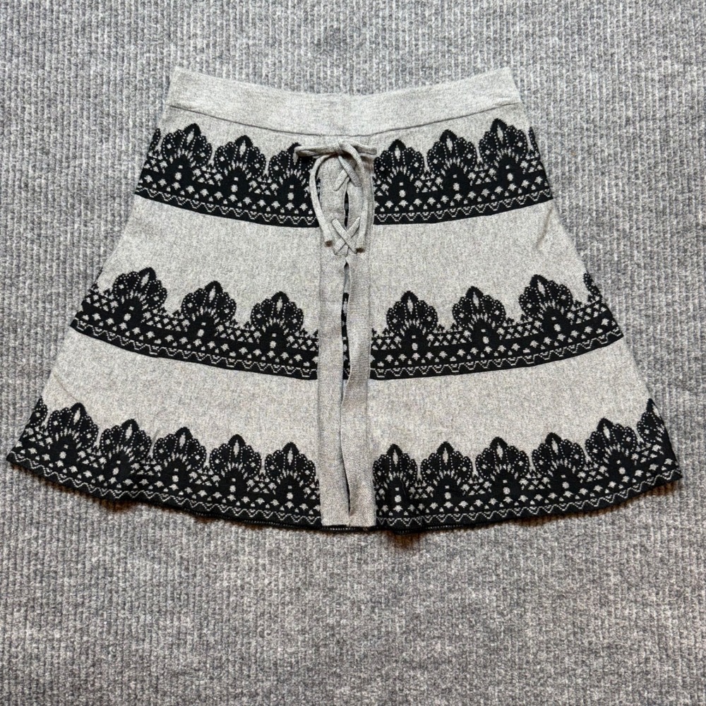 Candies Gray Black Knit Lace Print Mini Skirt Womens Small Lace Up A Line